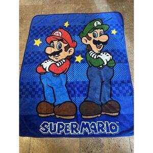Nintendo Super Mario Bros Blanket Throw Blue Mario Luigi Stars Plush Fleece